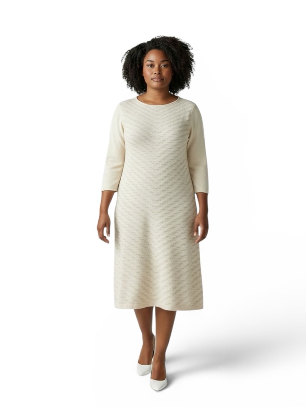 Lauren Ralph Lauren Cotton Cream Textured Chevron Midi Sweater Dress, large